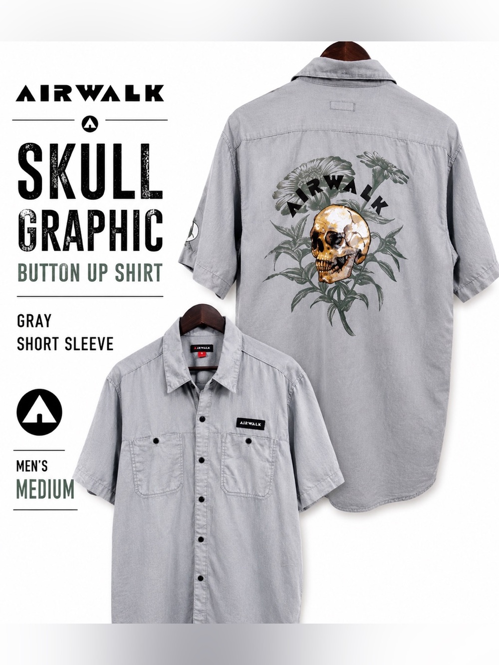 Airwalk Skull Graphic Button Up Shirt Gray Short Sleeve Men’s Medium